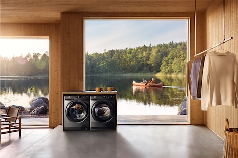 Home laundry with people on lake